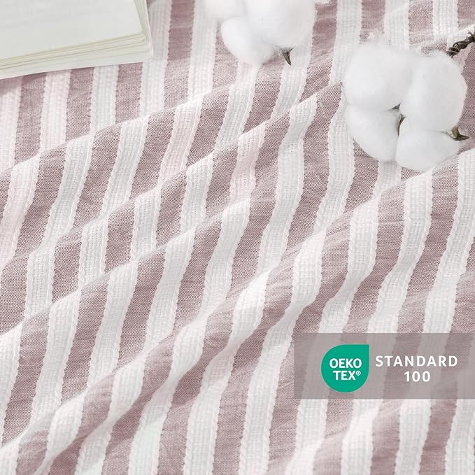 MILDLY Jacquard Stripe Duvet Cover - 100% Washed Cotton Pale Pink Boho Textured Comforter Cover 3pcs with Zipper Closure 104"x90"