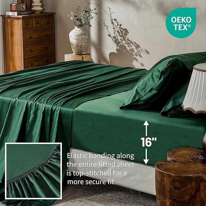MEISHANG 1000 Thread Count Cotton Sheets California King - 100% Egyptian Cotton, Sateen Weave, Soft & Breathable, Oeko-Tex Certified, 16" Deep Pockets - 4 Piece (Cal King, Dark Green)
