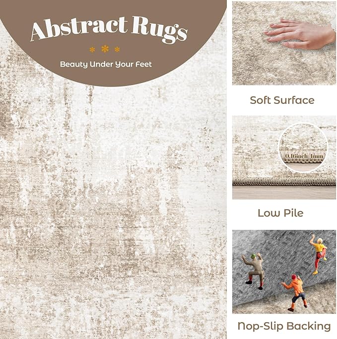 6x9 Area Rugs Washable Rug, Soft Modern Abstract Rugs for Living Room Large Low Pile Thin Rug Non Slip Indoor Neutral Carpet for Bedroom Dining Room Farmhouse Office Kids Playroom Beige