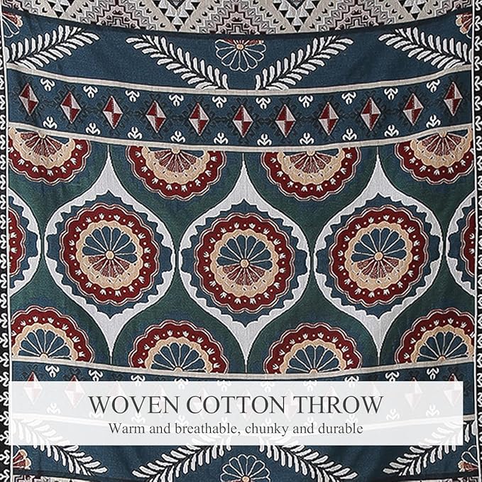 Double-Sided Cotton Woven Throw Blanket with Tassel Jungle Bohemian Style Tapestry Shawl Multi-Function Decorative Throws for Sofa Bed Armchair Camping Blanket Tablecloth Carpet 160x130cm