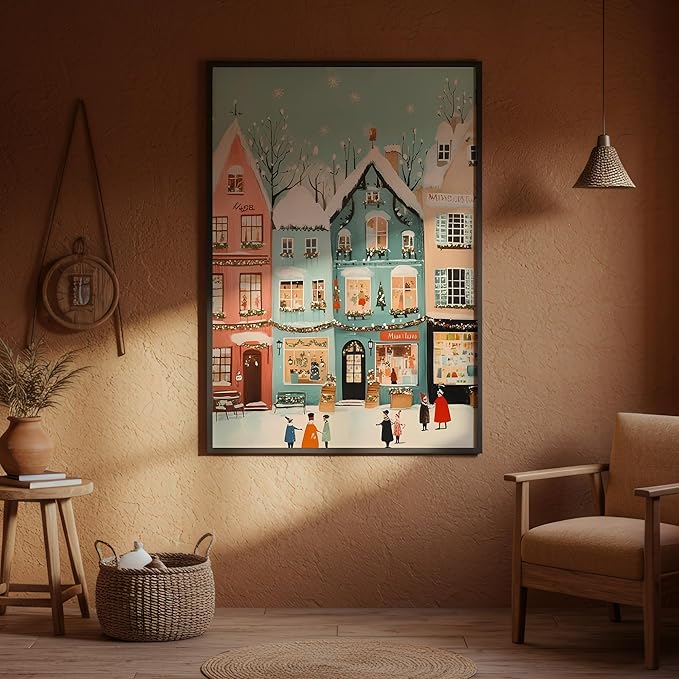 OZCONO Retro Winter Town Art, Pastel Christmas Village Decor, Xmas Print, Cozy Holiday Home Accent, Seasonal Wall Artwork for Festive Interior Style (Unframed) (27x40)