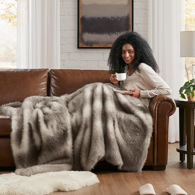 Hyde Lane Ultra Long Pile Faux Fur Throw Blanket, Luxury Fluffy Blankets for Couch Sofa Home Decor, Soft Fuzzy Plush Throws, Striped Brown, 50x60