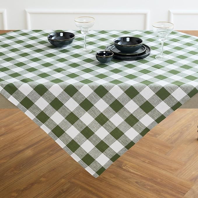 Solino Home Linen Checkered Tablecloth 52 x 52 Inch - 100% Pure Linen Olive and White Buffalo Plaid Square Tablecloth - Machine Washable Table Throw for Fall, Autumn