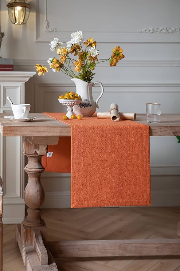 ZeeMart Burlap Style Farmhouse Table Runners 36 Inches Long, Burnt Orange Rustic Woven Dining Fall Table Runner for Everyday Use, 14x36 Inches, Harvest Pumpkin