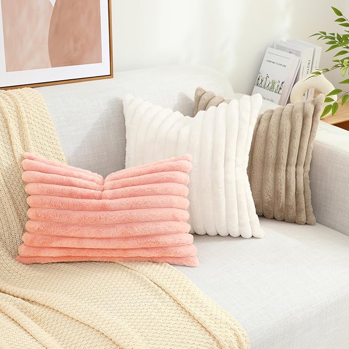 decorUhome Faux Fur Christmas Throw Pillow Covers 12x20 Set of 2, Decorative Soft Plush Striped Neutral Couch Euro Pillow Covers with Velvet Back for Sofa, Bed, Living Room Home Decor, Blush Pink
