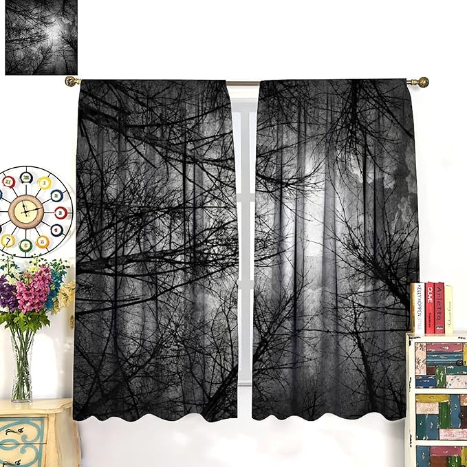 Gothic Forest Blackout Curtains, Full Moon Moonlight Gothic Tree Scenery Woodland Scary Nature Window Drapes, for Living Room Bedroom 42(W)*84(L) 2 Panels