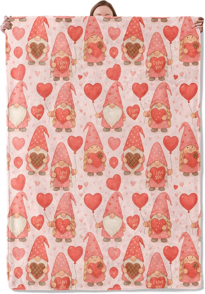Valentine Gnome Blanket Gifts for Women Girls Kids, Soft Warm Lightweight Flannel Cute Pink Love Heart and Balloon Throw Blankets for Bedroom Living Room Home Sofa Home Camping Decor 40" x 50"