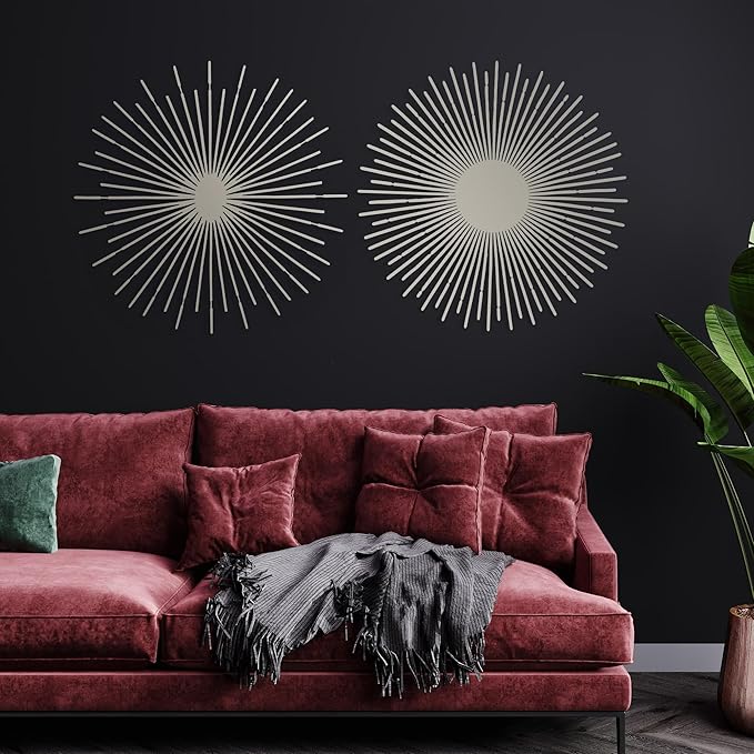 NEODECO Sun Rays-Double Metal Wall Art, Geometric Sun Decor, Metallic colors, Large 3D wall sculpture, model BC, Set of 2 (Silver, Medium)