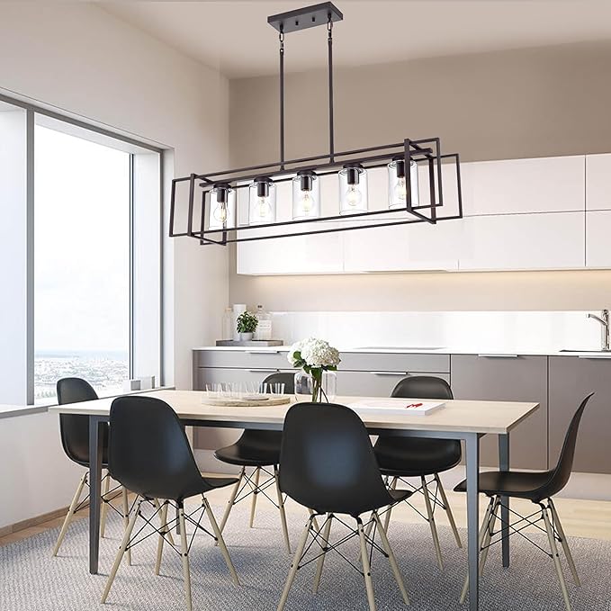 Oil Rubbed Bronze Kitchen Island Light Industrial Adjustable Pendant Lighting Open Rectangular Frame Design, 5-Light Vintage Fixture with Transparent Glass Shades