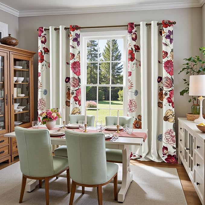 jinchan Hannah Floral Blackout Curtains with Retro Vintage Flower Print Drapes for Bedroom Living Room Fall Decor Winter Window Curtains Room Darkening 96 Inches Length 2 Panels with Grommet Eggshell
