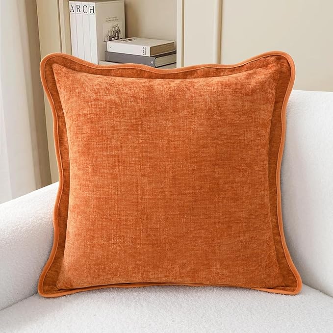 CaliTime Fall Throw Pillow Covers Decorative 18 X 18 Inches Pack of 2 Cozy Chenille Scalloped Wavy Edge Cushion Cases for Couch Sofa Bed Living Room Farmhouse Burnt Orange