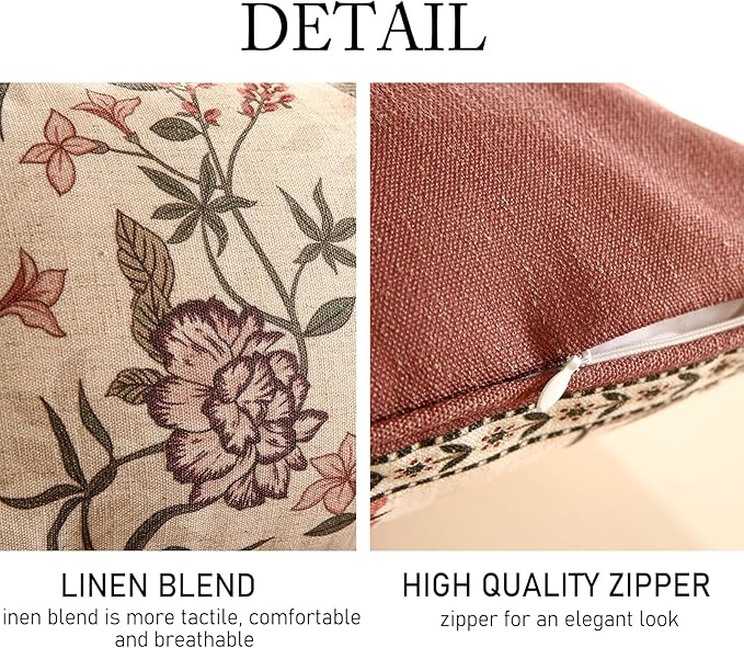 ISAENNE Design Linen Vintage Throw Pillow Covers 12"x20", Rectangle Cushion Covers with Blue Pink Flowers Green Leaves Pattern Decoration Pillowcases for Bed,Living Room,Outdoor,Car