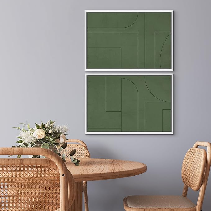 SIGNWIN Framed Canvas Print Wall Art Set Green Mid-Century Polygon Landscape Abstract Shapes Digital Art Modern Art Decorative Minimalism Vintage for Living Room, Bedroom, Office - 16"x24"x2 White