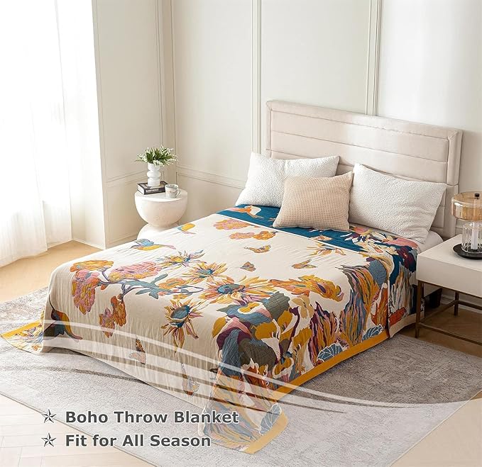Queen Throw Blanket for Bed 100% Cotton Boho Ultra Soft Quilt Butterfly and Floral Double Embroidery Fall Queen Bed Blanket Bedspread,90"x 90" All Season Blankets for Bedding Couch