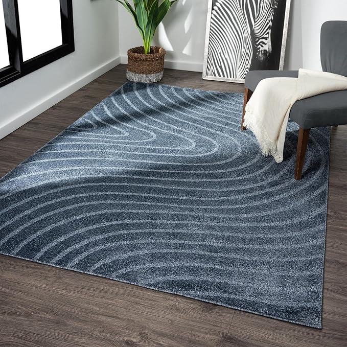 LUXE WEAVERS Modern Geometric Wave Blue 9x12 Area Rug