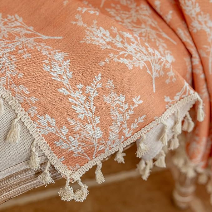 OYX Orange Curtains 96 Inch Length Boho Farmhouse Printed Floral Curtains for Bedroom 2 Panels, Burnt Semi Sheer Vintage Rustic Drapes for Living Room, Rod Pocket Tassel Decor Window Treatment