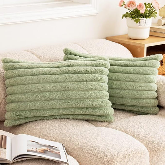 Double-Sided Faux Fur Plush Throw Pillow Covers 12x20 Set of 2 Fuzzy Striped Soft Cozy Pillowcase Luxury Decorative Pillows Christmas Lumbar Cushion Covers for Couch Sofa Bed,Sage Green