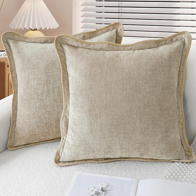 CaliTime Throw Pillow Covers Decorative 18 X 18 Inches Pack of 2 Cozy Chenille Scalloped Wavy Edge Cushion Cases for Couch Sofa Bed Living Room Farmhouse Light Taupe