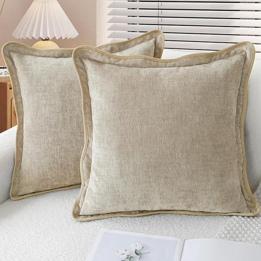 CaliTime Throw Pillow Covers Decorative 18 X 18 Inches Pack of 2 Cozy Chenille Scalloped Wavy Edge Cushion Cases for Couch Sofa Bed Living Room Farmhouse Light Taupe