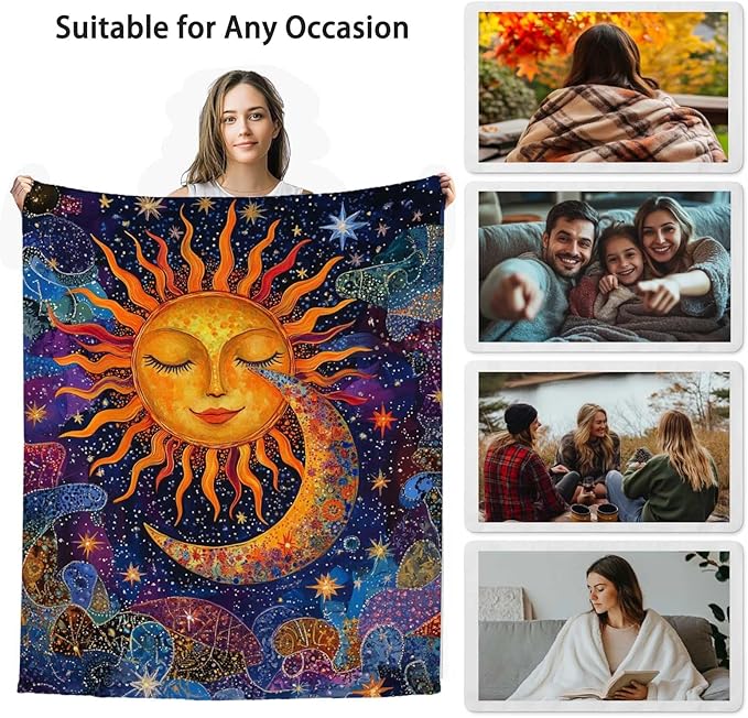 Sun and Moon Blanket Throw, Plush Blanket Gift for Adults, Hippie Witchy Lightweight Soft Fleece for Bedrooms, Meditation, and Decor, 50x60 Inches