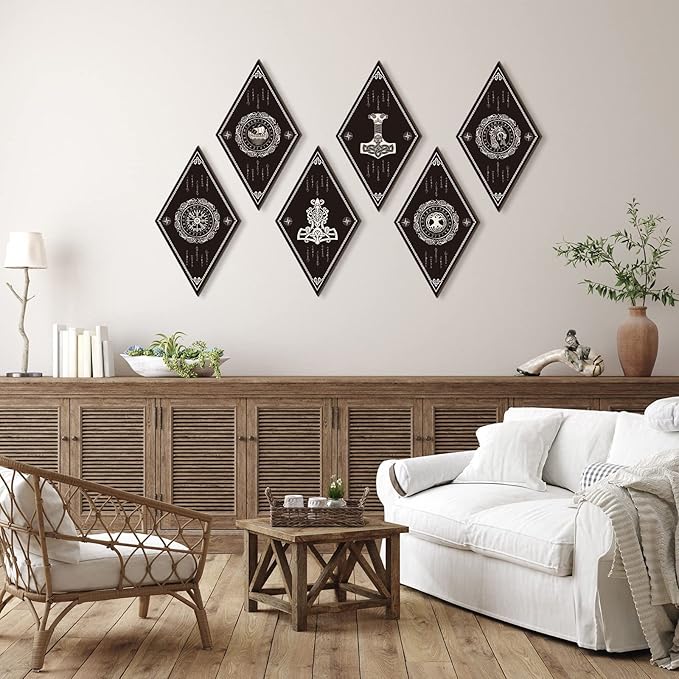 Nuenen 6 Pcs Nordic Vikings Wood Sign Celtic Drakkar Rune Wall Decor Scandinavian Vikings Boat Hanging Wooden Signs Mediaeval Wall Plaque for Christmas Home Kitchen Mythology Runes Artwork Pagan Gifts