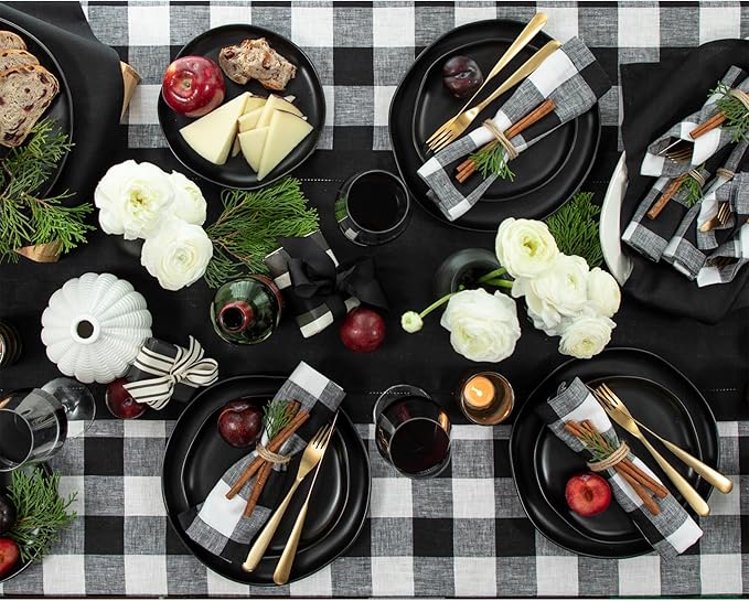 Solino Home Linen Checkered Tablecloth 60 x 144 Inch - 100% Pure Linen Black and White Buffalo Plaid Table Cloth for Rectangle Tables - Machine Washable Tablecloth for Fall, Winter, Thanksgiving