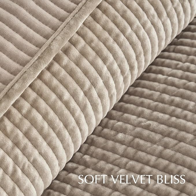 EVERGRACE Velvet Quilt Set Queen Size, Luxurious Soft Quilted Bedding Sets, Lightweight Velvet Comforter for All Season, Striped Channel Bedspread Coverlet with 2 Shams, Urban Taupe