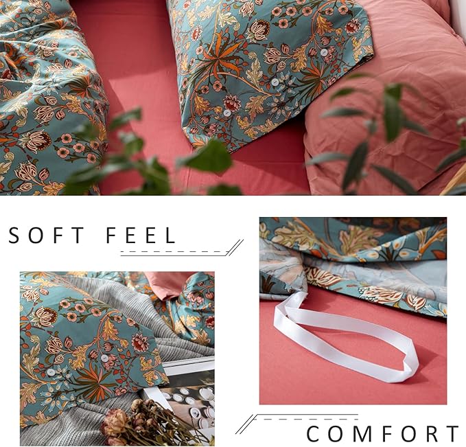 mixinni Vintage Style Garden Flower Duvet Cover Set with Zipper Closure Long Staple Percale Cotton Yellow Vibrant Pattern on Bedding Quilt Cover Set(King, All Season)