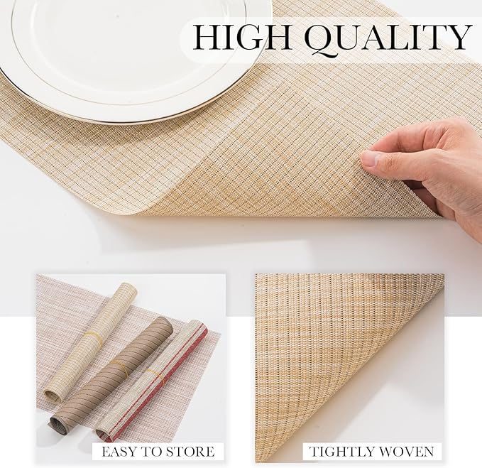 BACKTOEDEN Placemats Set of 12 Heat Resistant Washable Wipeable Placemat Woven Non-Slip Foldable Vinyl/Plastic Place Mats Indoor/Outdoor Mat Kitchen Dining Table Pad, Beige Silver Line