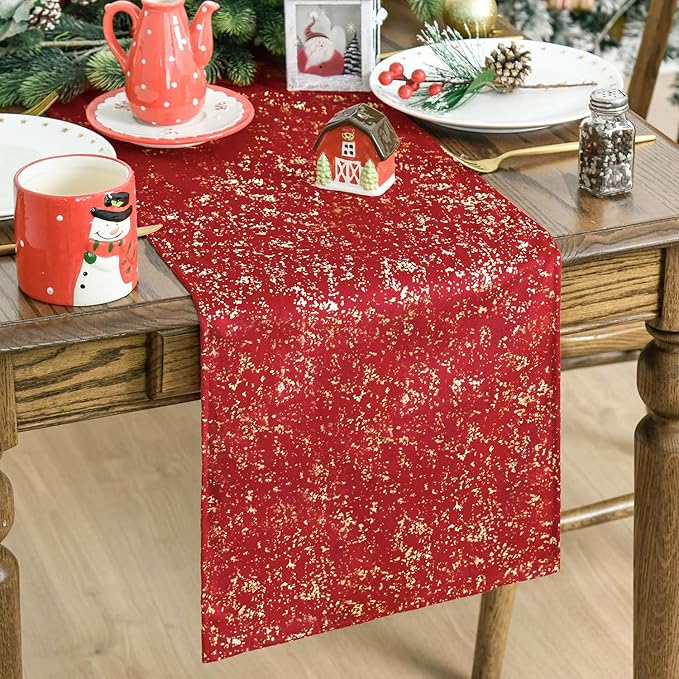 Artoid Mode Red Dutch Fleece Table Runner, Glitter Metallic Foil Holiday Kitchen Dining Table Decoration for Home Party Decor 13x72 Inch