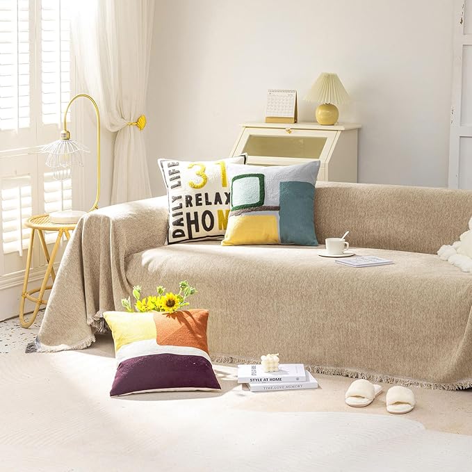 VClife Beige Couch Cover for Sofa 1 Piece Modern Minimalism Couch Cover for 2 Cushion Couch Sofa Slipcover Washable Soft Chenille Sofa Covers Furniture Protector for Bedroom Living Room 91''x118''