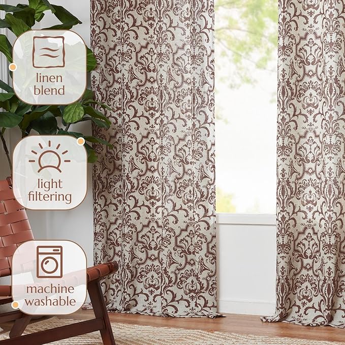 jinchan Linen Curtains for Living Room - Brown Damask Patterned 108 Inches Long for Bedroom, Light Filtering Vintage Baroque Style Drapes, Grommet Window Treatments 2 Panels Set