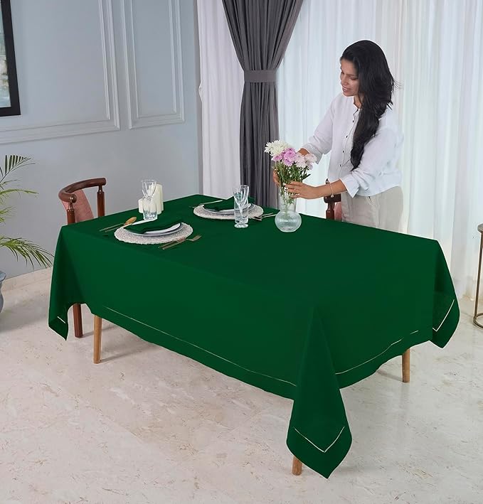 D'Moksha Homes Forest Green Linen Tablecloth for Rectangle Tables 60 x 84 Inch - Classic Hemstitch 100% Pure Linen Green Table Cloth - Machine Washable Dining Tablecloth for Thanksgiving, Christmas