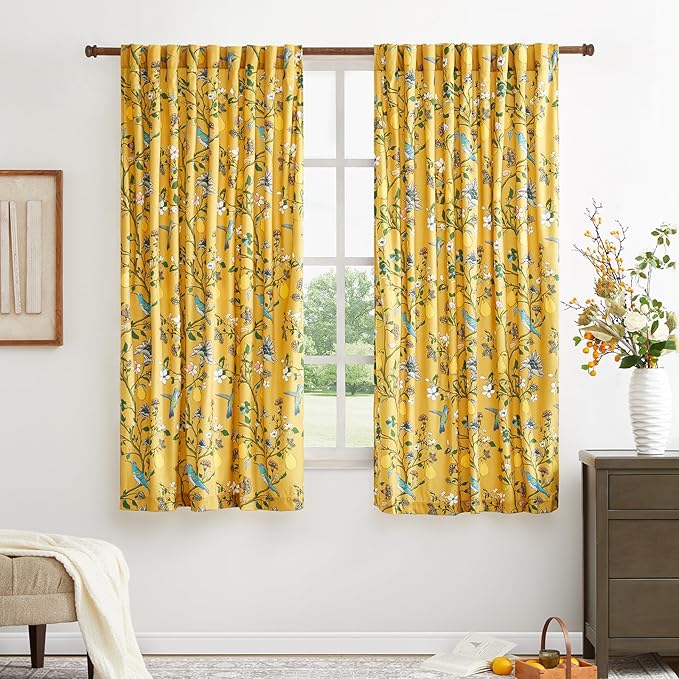 MUSSEL Velvet Whimsical Floral Curtains 63 inches Long,Mustard Yellow Luxury Botanical Room Darkening Curtain Drapes,2 Panels Mid Century Hummingbird Art Deco Window Curtains for Living Room Bedroom