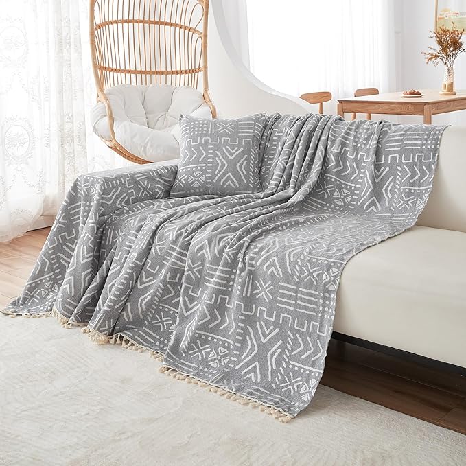 VClife Boho Couch Cover for 3 Cushion Couch Sofa Durable Soft Chenille Sofa Slipcover for Sectional Sofa, 1 PC Multi-Functional Sofa Covers Protector, Gray and White Furniture Protector 71" x 134"