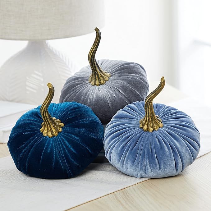 Set of 3 Velvet 6.25 Inch Pumpkins, blue pumpkins, fall decorations for the home, elegant autumn accent, bowl filler for centerpiece, basket for hostess gift, mantel decor (Slate, Gray, Teal)