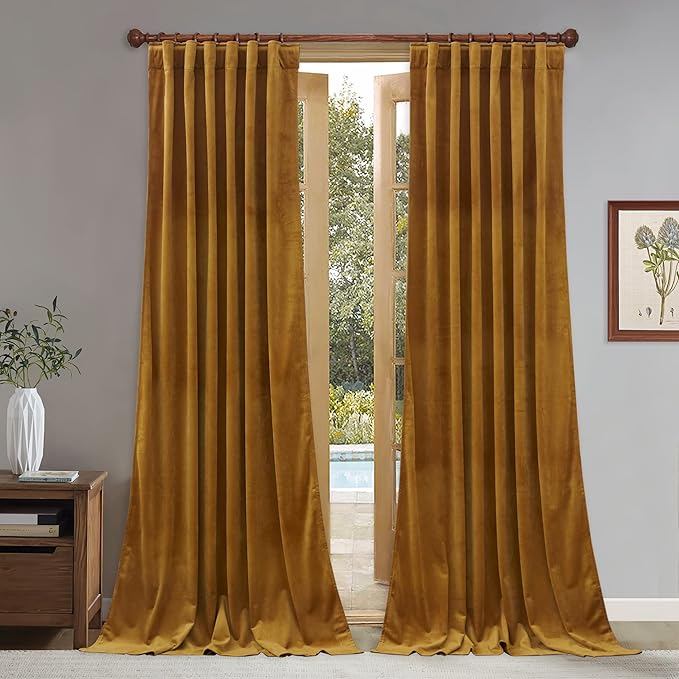 StangH 120 inches Long Velvet Curtains - Mustard Gold Blackout Drapes for Bedroom Luxury Home Decoration for Room Dividers Thermal Privacy Curtains for Dining/Drawing Room, W52 x L120, 2 Panels