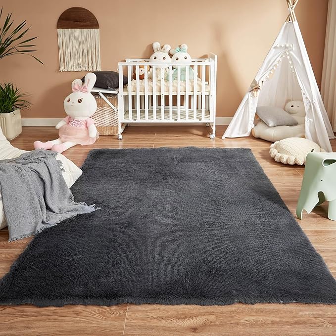Floralux Ultra Soft 5x7 Area Rugs for Living Room Bedroom, Dark Grey, Shag Plush Rug for Playroom, Modern Shaggy Carpet for Beside Bed, Teens Dorm, Nursery, Home Decor Aesthetic