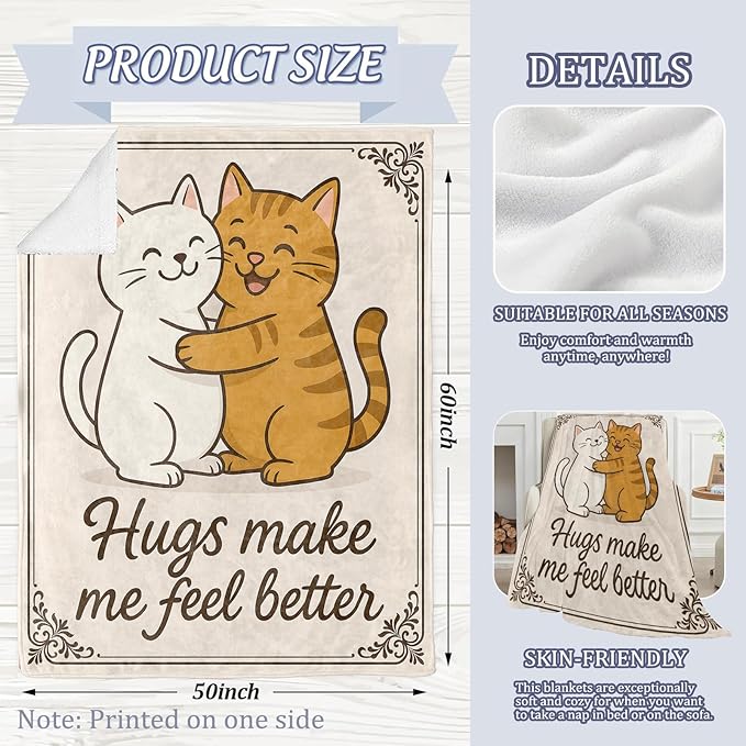 Adorable Cat Hug Blanket, Cute Animals Warm Love 60 x 50 Inch Flannel Throw Blanket, Gifts for Women Kids, Lightweight Cozy Warm Blankets for Sofa Travel Home Decor