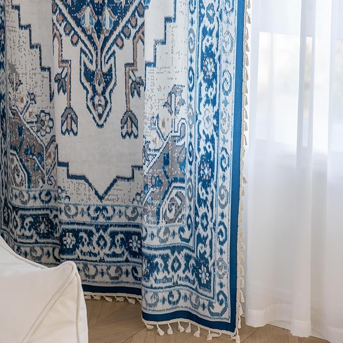 Popular Handicrafts Printed Curtains for Living Room 96 Inches Long Indian Hippie Bohemian Curtains Rod Pocket Light Filtering 2 Panels, Blue/White