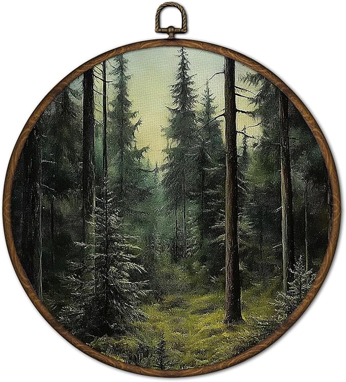 cvjutf Forest Landscape Wall Art Framed, Forest Bathroom Decor, Modern Green Nature Round Wall Decor, Nature Pine Tree Scenery Canvas Prints Art for Bedroom Bathroom Living Room, 10x10 Inch