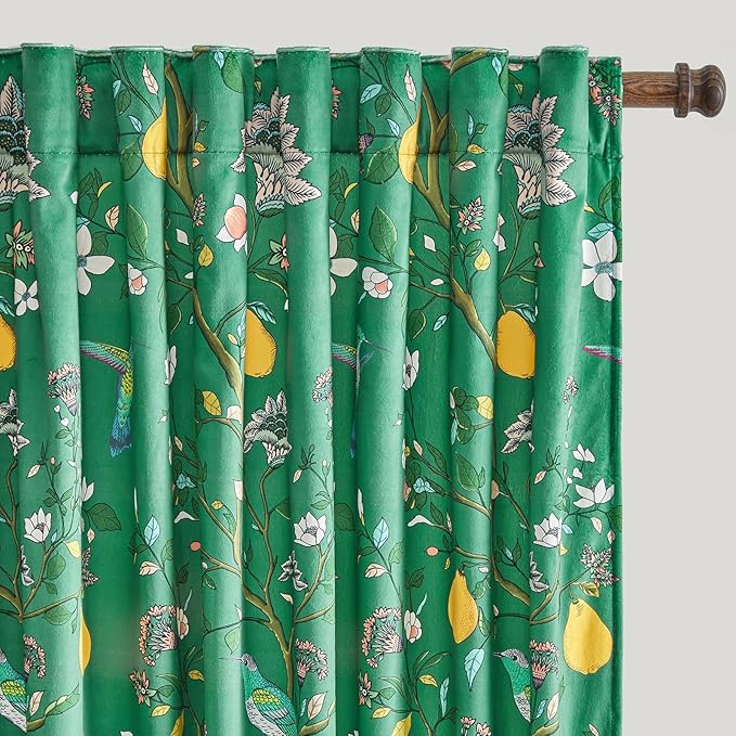 MUSSEL Luxury Velvet Floral Curtains 90 inches for Living Room,Dark Green Vintage Victorian Botanical Blackout Curtain Drapes,2 Panels Mid Century Art Deco Bird Flower Window Curtains for Bedroom