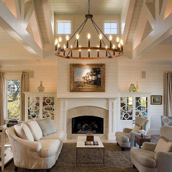 Wood Wagon Wheel Chandeliers for Dining Room 20-Light, 40'' Modern Farmhouse Chandelier, Rustic Light Fixtures for Foyer Kitchen Island Living Room Entryway, E12