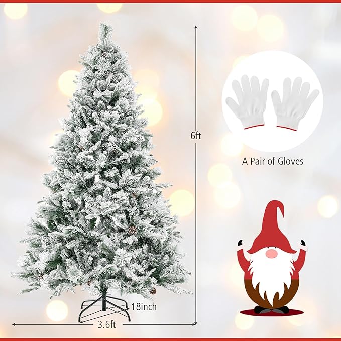 HAPPYGRILL 6 FT Pre-lit Artificial Christmas Tree, Snow-Flocked Xmas Tree with 240 Multi-Color LED Lights, 8 Lighting Modes, 850 Branch Tips, Pine Needles, Hinged Tree for Home Office Party