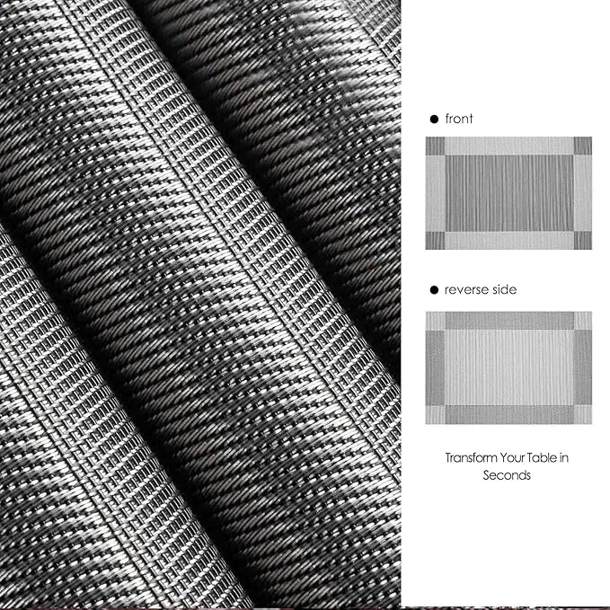 AHHFSMEI Placemats for Dining Table Set of 8 Woven Vinyl Plastic Place Mats Non-Slip Heat Insulation Stain Resistant Table Mats Washable Easy Clean Placemats (Silver Corner 8)