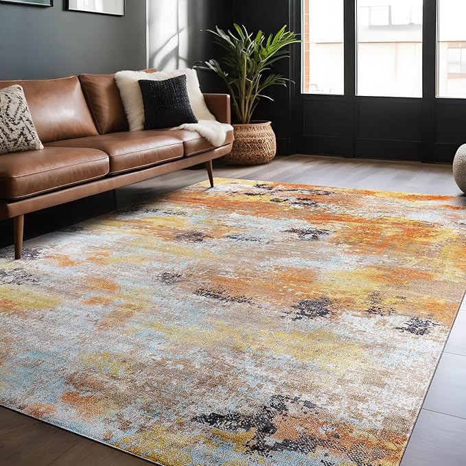 Non Slip Rugs 5x7 Modern Abstract Easy Silk Rubber Backing Soft Area Rug for Living Room Easy to Clean Non Shedding Kitchen for Bedroom Indoor Carpet (Orange - Brown, 5x7)