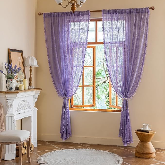Lavender Curtains 72 Inches Long 2 Panels Set Cottage Style Purple Lace Curtains with Tassel Boho Floral Sheer Window Treatment for Front Back Patio Glass Door Rod Pocket 59" W x 72" L Light Violet