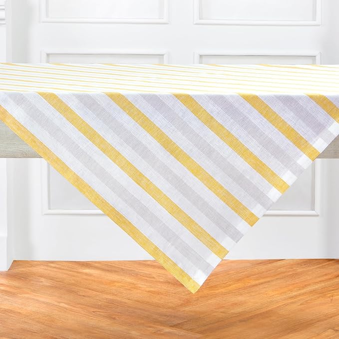Solino Home Linen Square Tablecloth 52 x 52 Inch - Sorrento Stripe, 100% Pure Linen Yellow and Grey Table Throw - Machine Washable Tablecloth