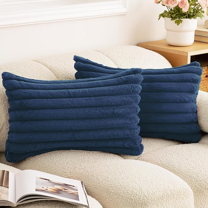 Double-Sided Faux Fur Plush Throw Pillow Covers 12x20 Set of 2 Fuzzy Striped Soft Cozy Pillowcase Luxury Decorative Lumbar Pillows Fluffy Rectangle Cushion Cover for Couch Bed,Navy Blue