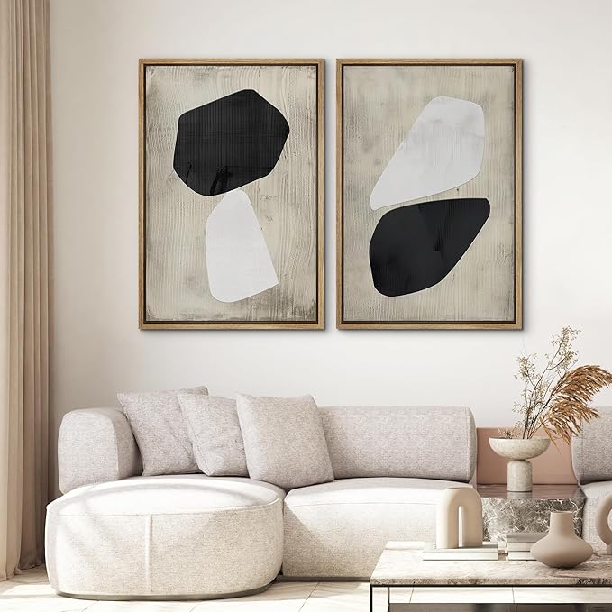 SIGNWIN Framed Canvas Print Wall Art Set Mid-Century Grunge Duotone Polygons Abstract Shapes Illustrations Minimal Decorative Nordic Zen Bohemian for Living Room, Bedroom, Office - 16"x24"x2 Natural